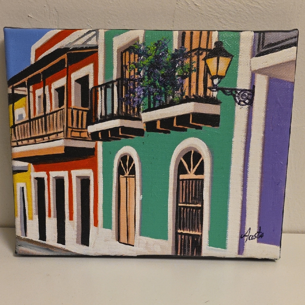 Folk Pop Art Puerto Rico Artist Acosta Old San Juan Street Scene Canvas Bold